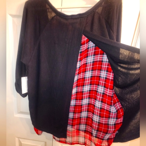 NWT Bongo Plus black knit sweater with tulip back and peekaboo plaid, sz 2X - Picture 5 of 11
